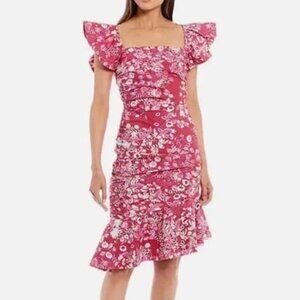 Sachin & Babi Pink Floral Ruched Midi Dress Womens Size 2 Ruffle Flutter Sleeve